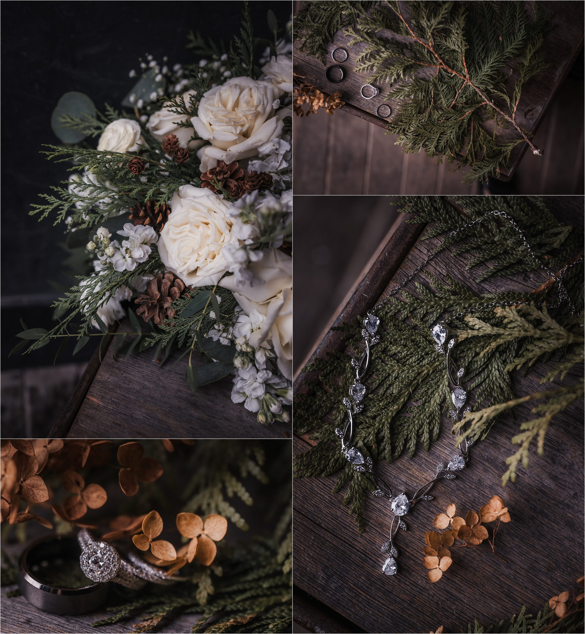 winter wedding floral details with pinecones