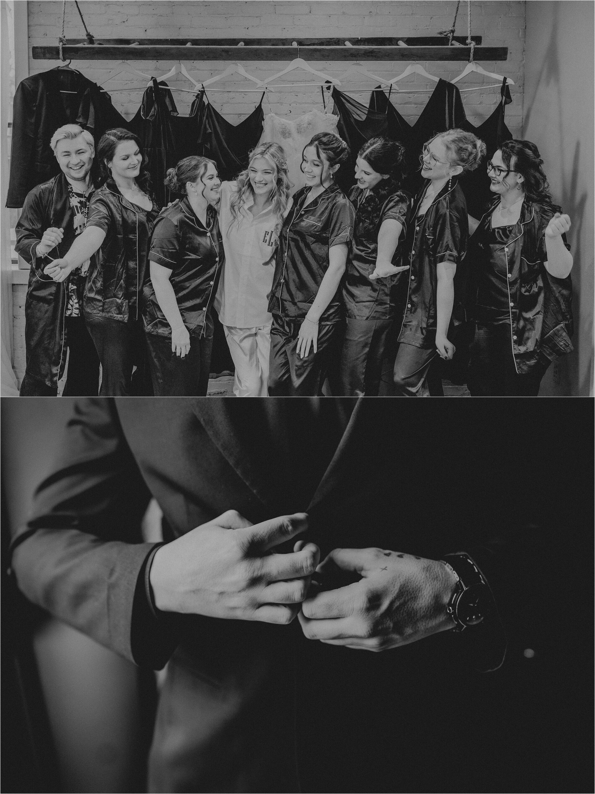 Indoor winter wedding celebration at The Lageret in Stoughton WI with rustic industrial style