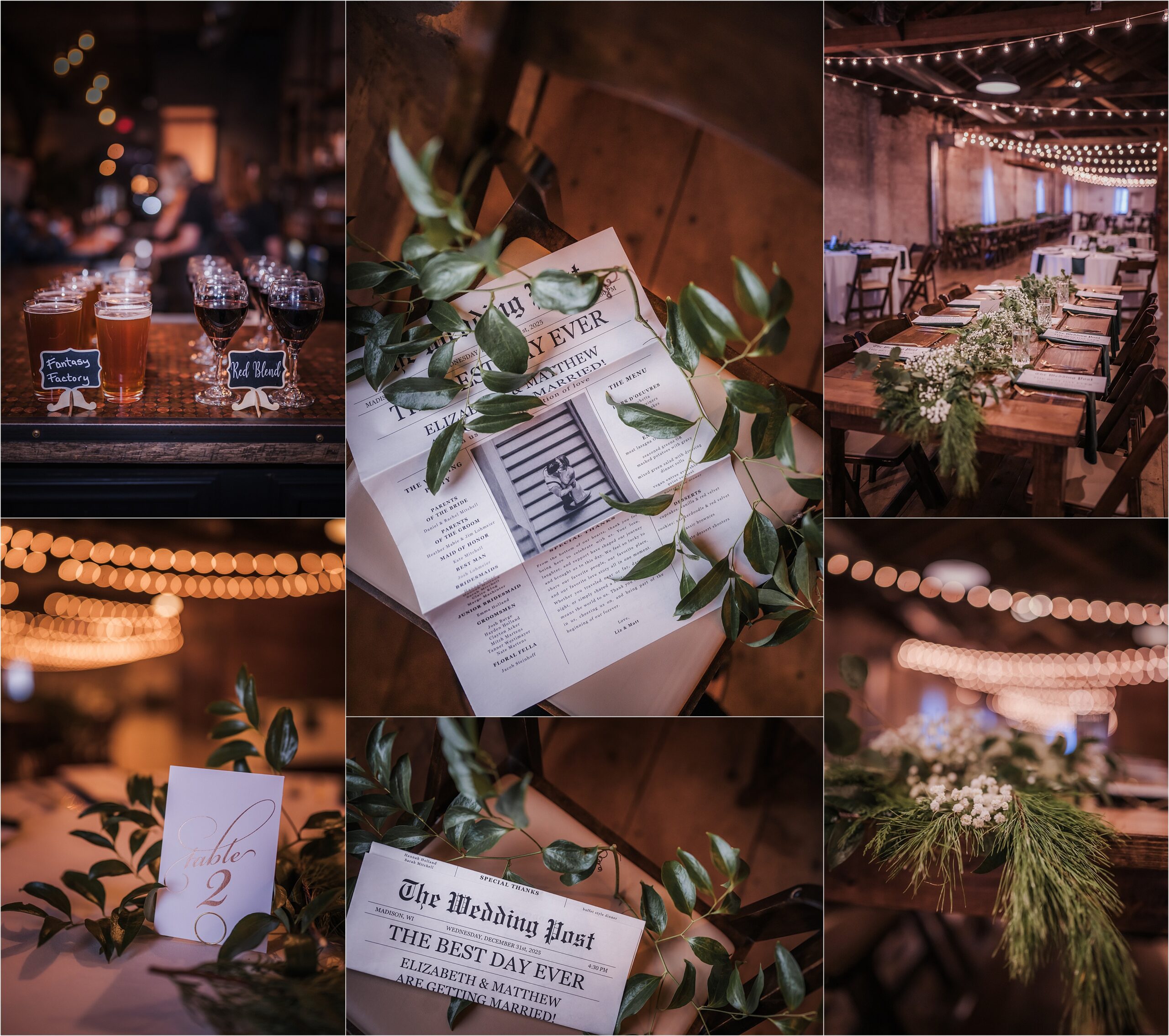 Moody winter wedding reception at The Lageret in Stoughton Wisconsin with brick walls and warmth