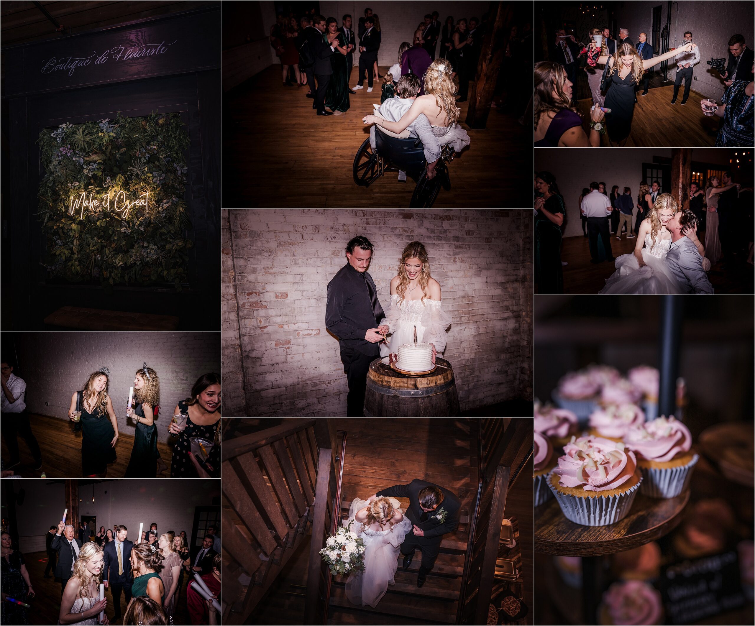 Reception setup for a winter wedding at The Lageret in Stoughton WI with candlelight and wood tones