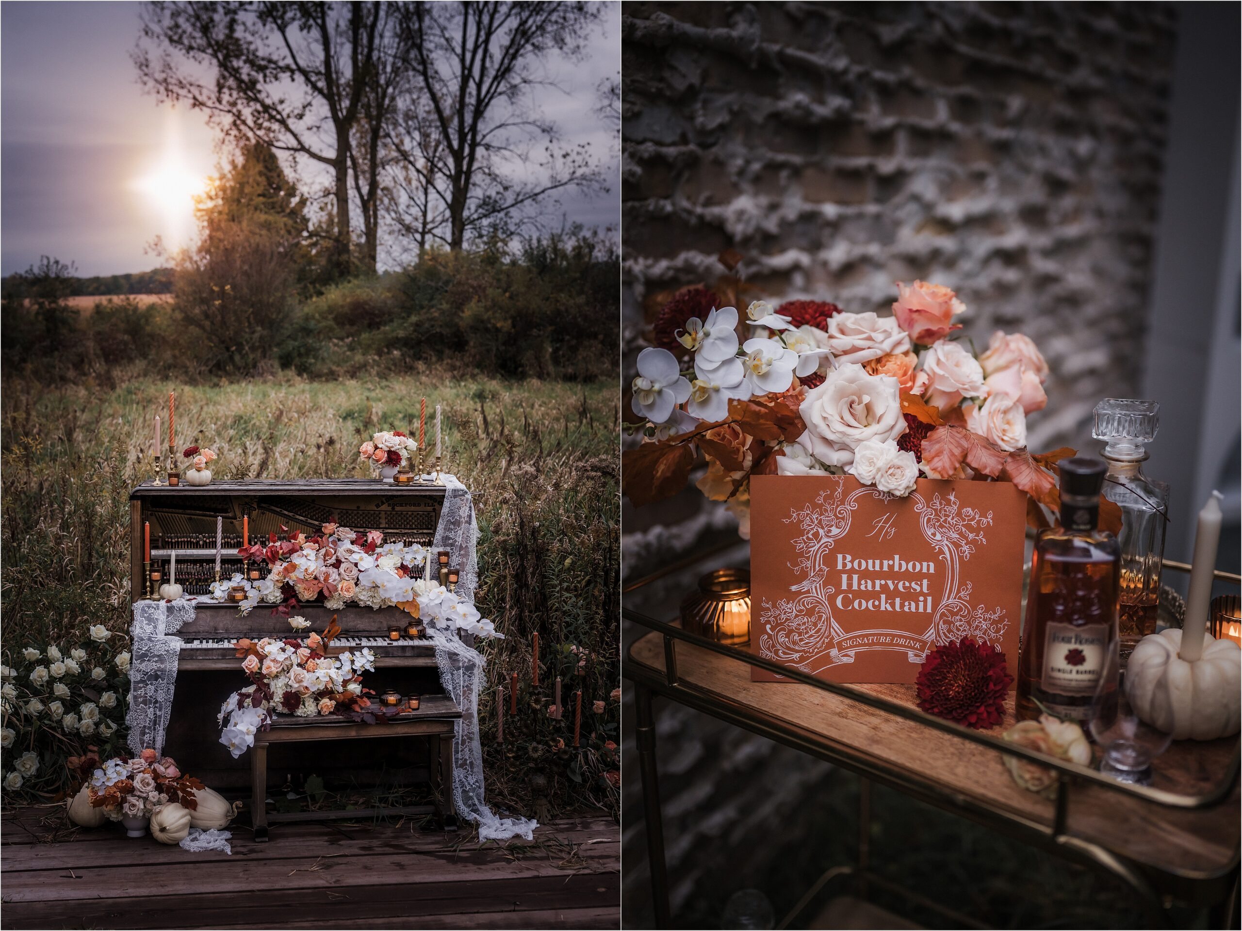 Wedding inspiration image of piano in a field featuring warm textures and natural light in Madison Wisconsin