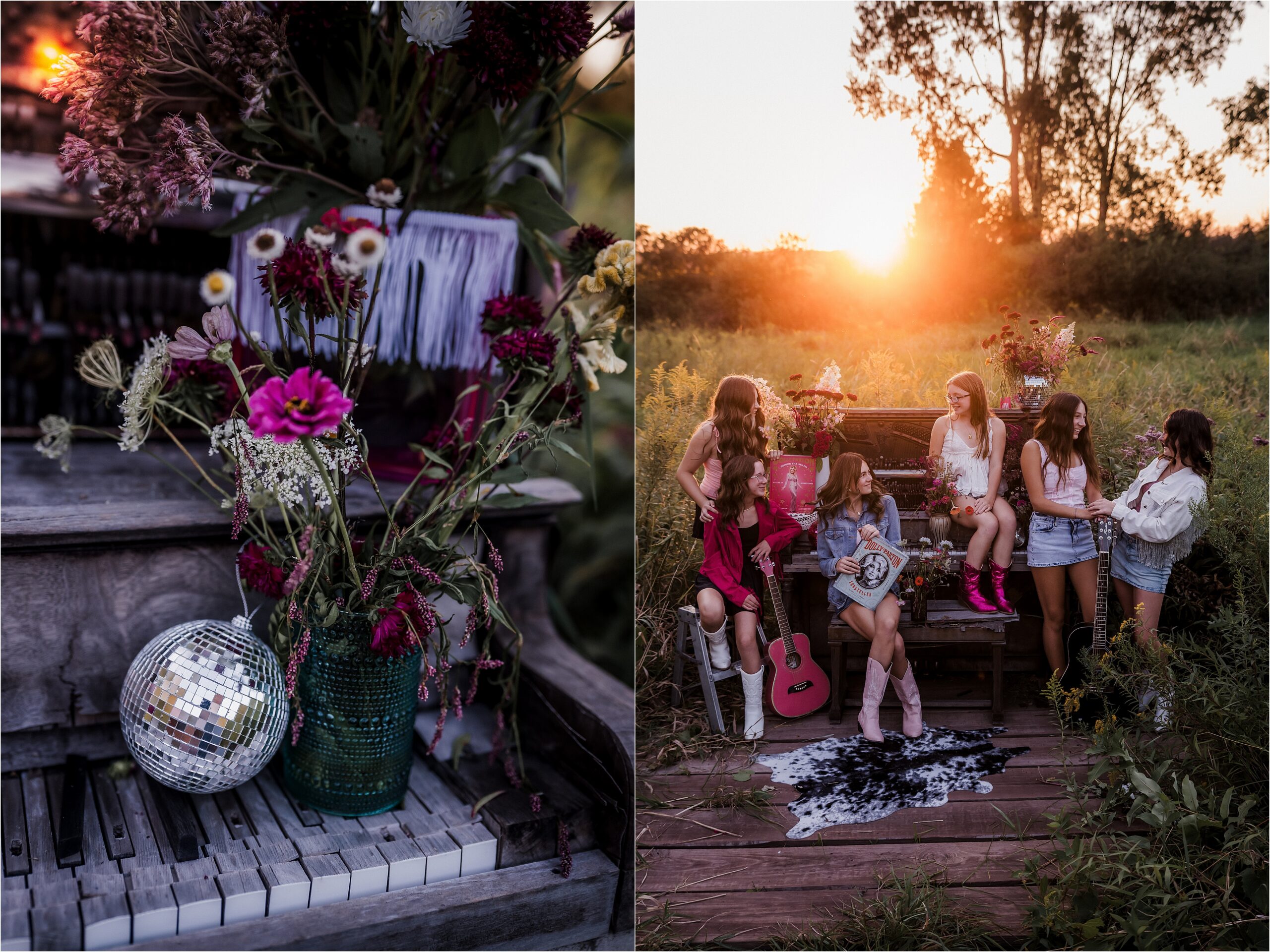 Friends posing at a vintage piano during a Dolly Parton photoshoot at golden hour